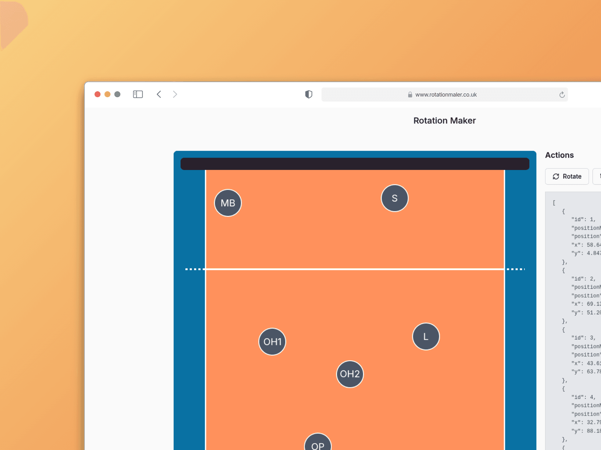 Rotation Maker showing volleyball players positioned on a court with coordinate output