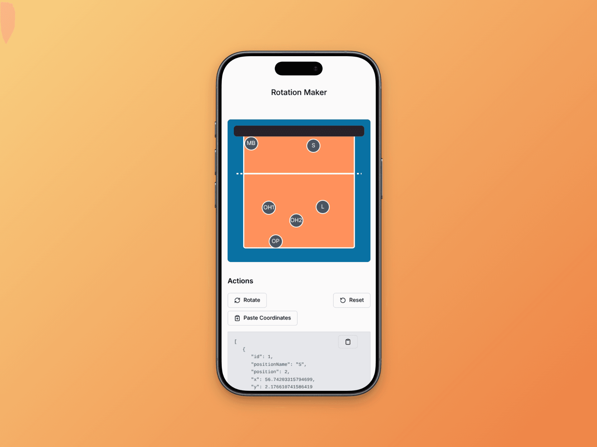Rotation Maker showing volleyball players positioned on a court with coordinate output